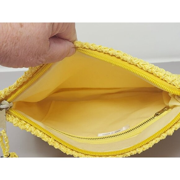 Yellow Handwoven Clutch Bag With Zipper Closure & Pom-Pom Accent Made In Korea - Picture 3 of 8